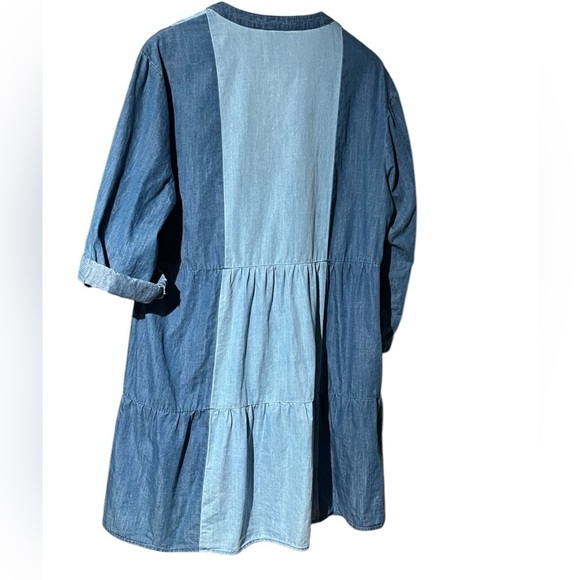 Patchwork Two-Tone Denim Smock Shirt Dress Tunic 3/4 Sleeve Flounce Hem Pockets - Picture 8 of 12